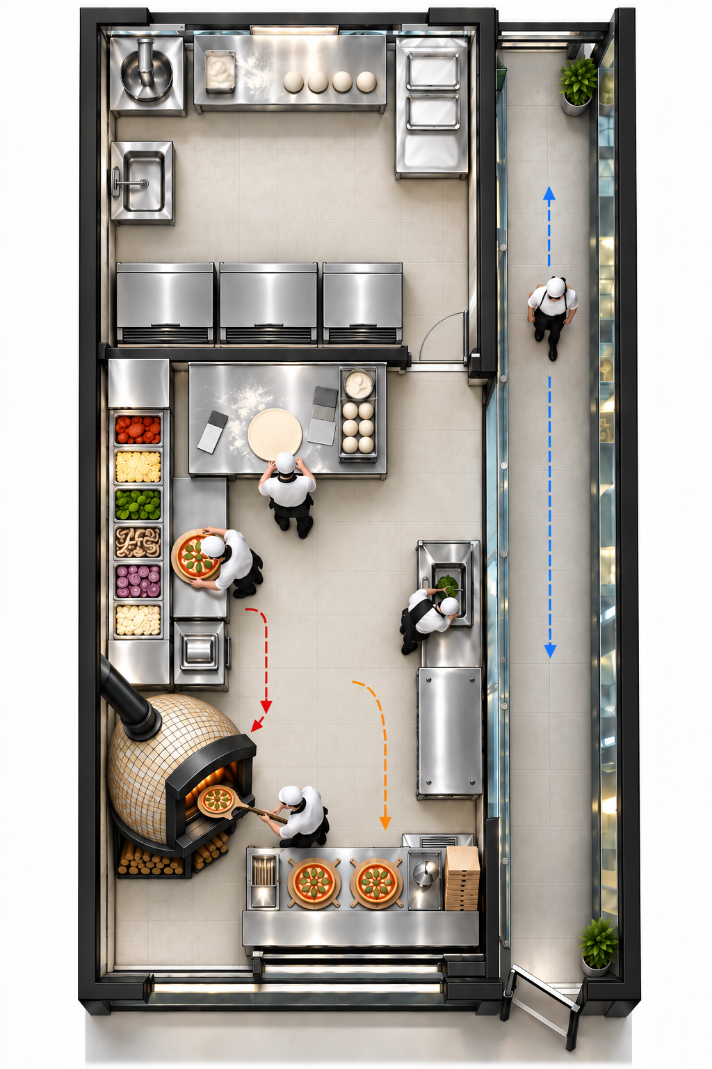 ผังร้านพิซซ่ามุมมองจากด้านบน แสดงจุดเตรียมอาหาร เคาน์เตอร์ท็อปปิ้ง เตาอบ และเส้นทางการทำงานของพนักงาน