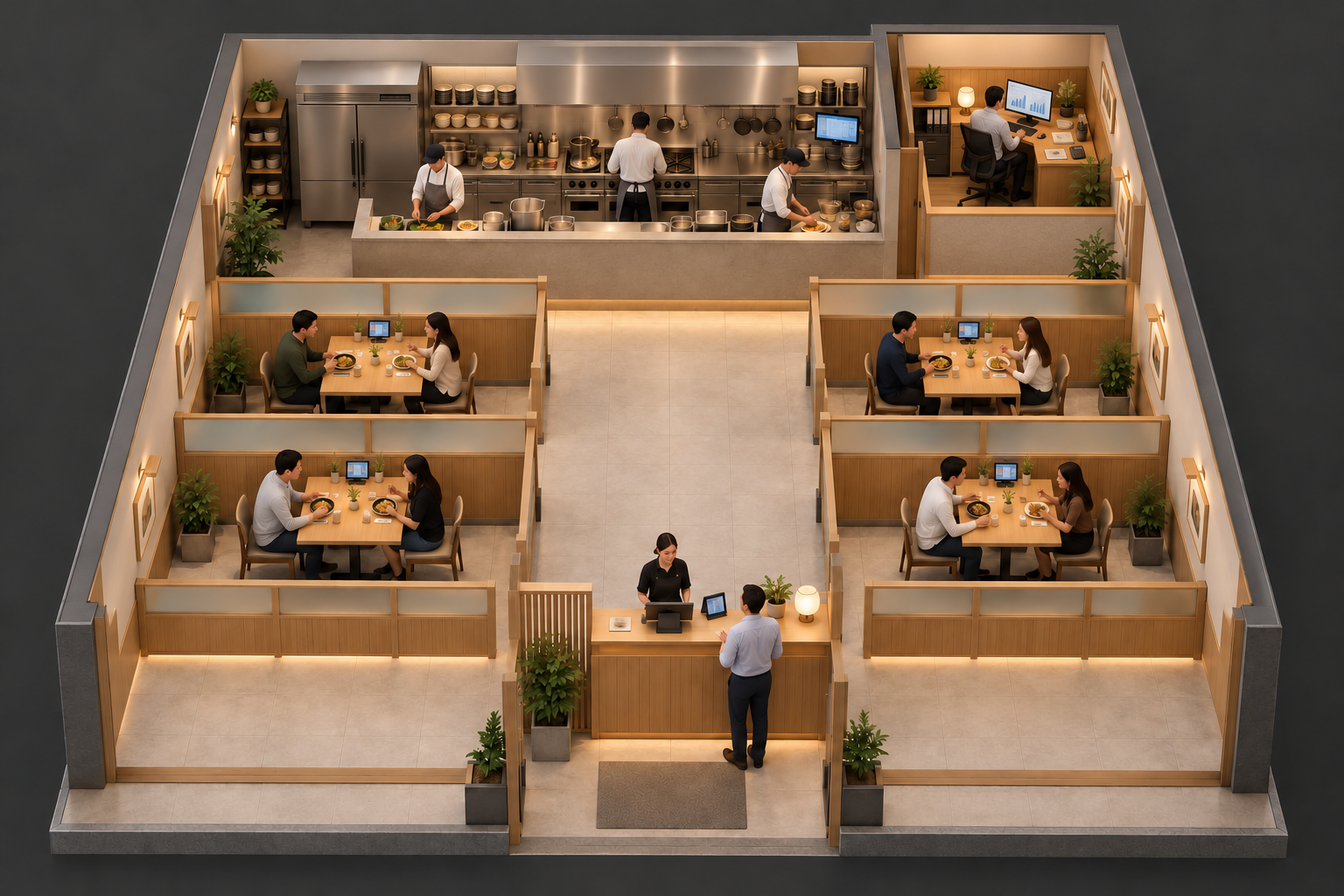 ภาพผังร้านอาหารแบบเปิดผนัง มีโต๊ะ SelfOrder 4 ชุด POS ด้านหน้า ครัวด้านหลัง และออฟฟิศผู้จัดการมุมขวาหลัง