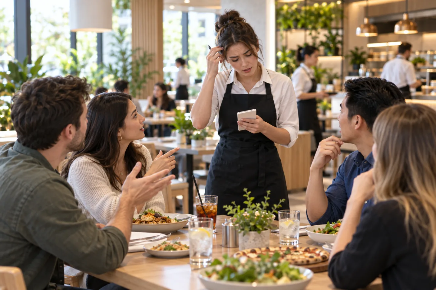 ภาพประกอบพนักงานร้านอาหารสับสนขณะพยายามจำรายการ จำนวน และตัวเลือกจากหลายออเดอร์พร้อมกัน